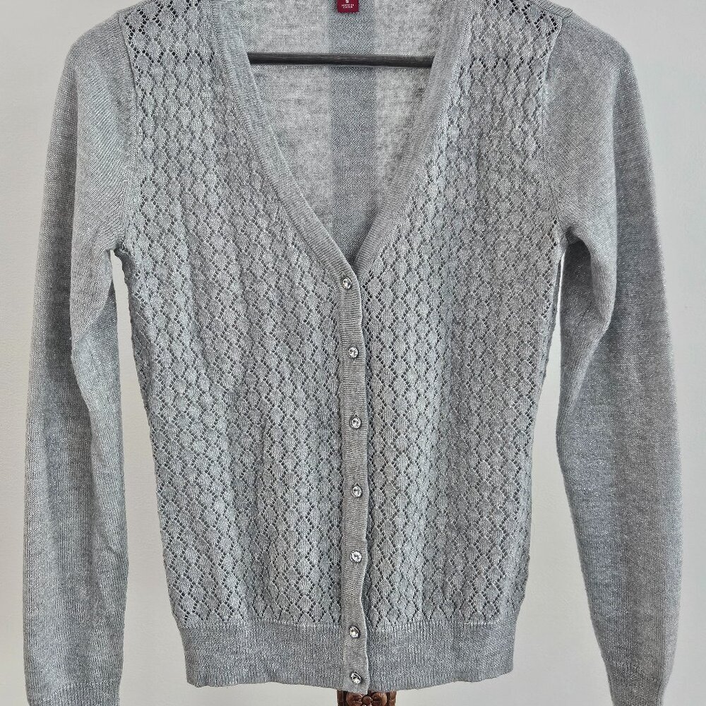 Merona Gray Pointelle Knit Cardigan – Rhinestone Buttons – Size S